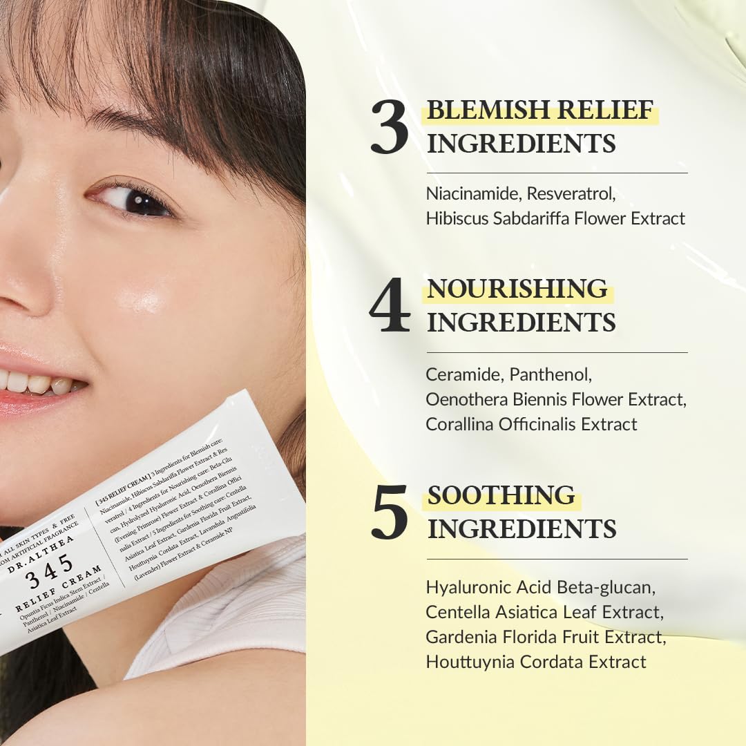 Dr.Althea 345 Relief Cream | Daily Face Moisturizer | Blemish Relief Care | Soothing Recovery & Moisture with Niacinamide, Panthenol | Korean Vegan Skin Care for All Skin Types | 1.7 Fl Oz (Pack of 1)